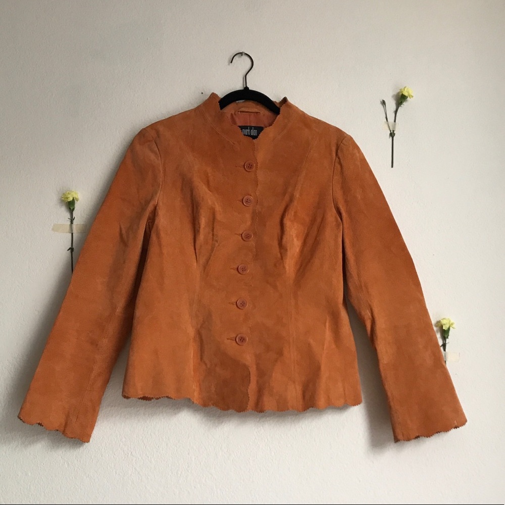 rust brown suede leather jacket with scalloped hem - Picture 1 of 6